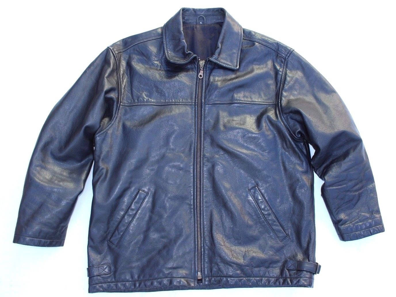 Image of Men's Vintage Black Thick 100% Leather Jacket Coat Xl Pit To 26In