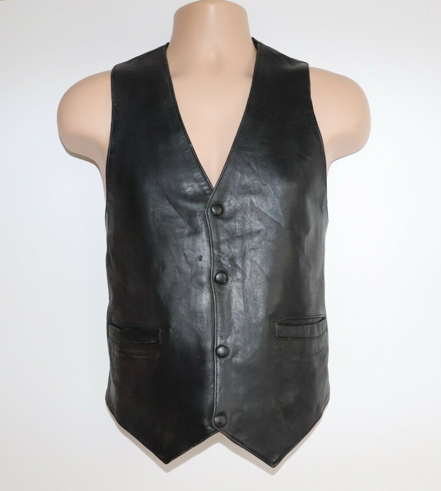 Image of Men's Vintage Black 100% Leather Biker Rocker Waistcoat Vest Size L Pit To 21In-54cm