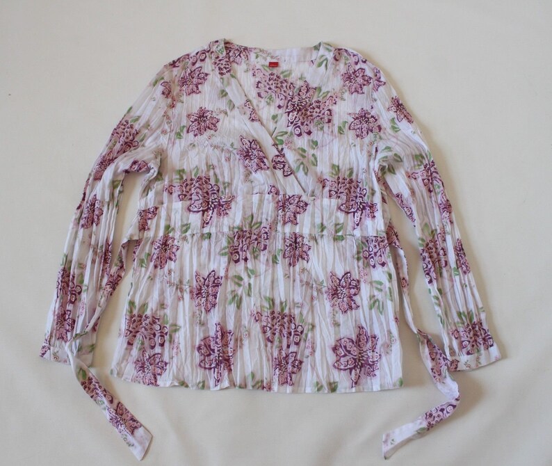 Women/'s Vintage s OLIVER Long Sleeve White Wrinkled Floral Cotton Mix Blouse Size UK16