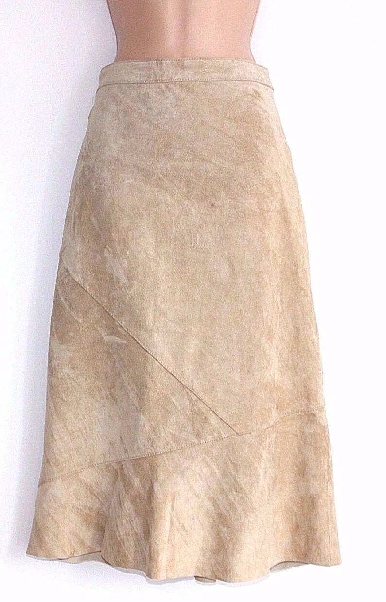 Women/'s Vintage ESTELLE Mid Calf Beige 100/% Leather Suede Skirt size UK12 Waist 30