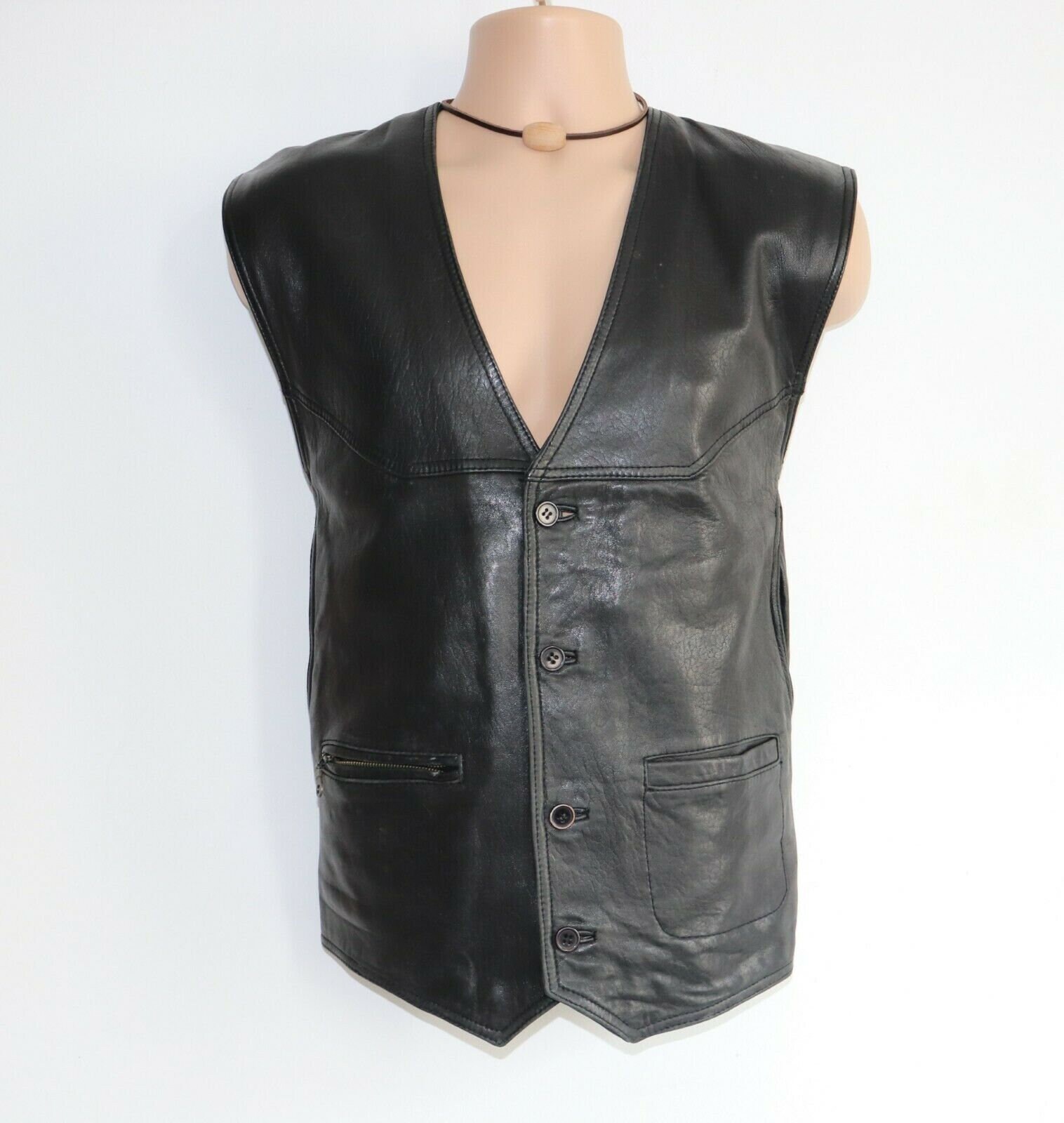 Image of Men's Vintage M. Flues Black 100% Leather Waistcoat Vest Size 62/Pit To 27In - 70cm