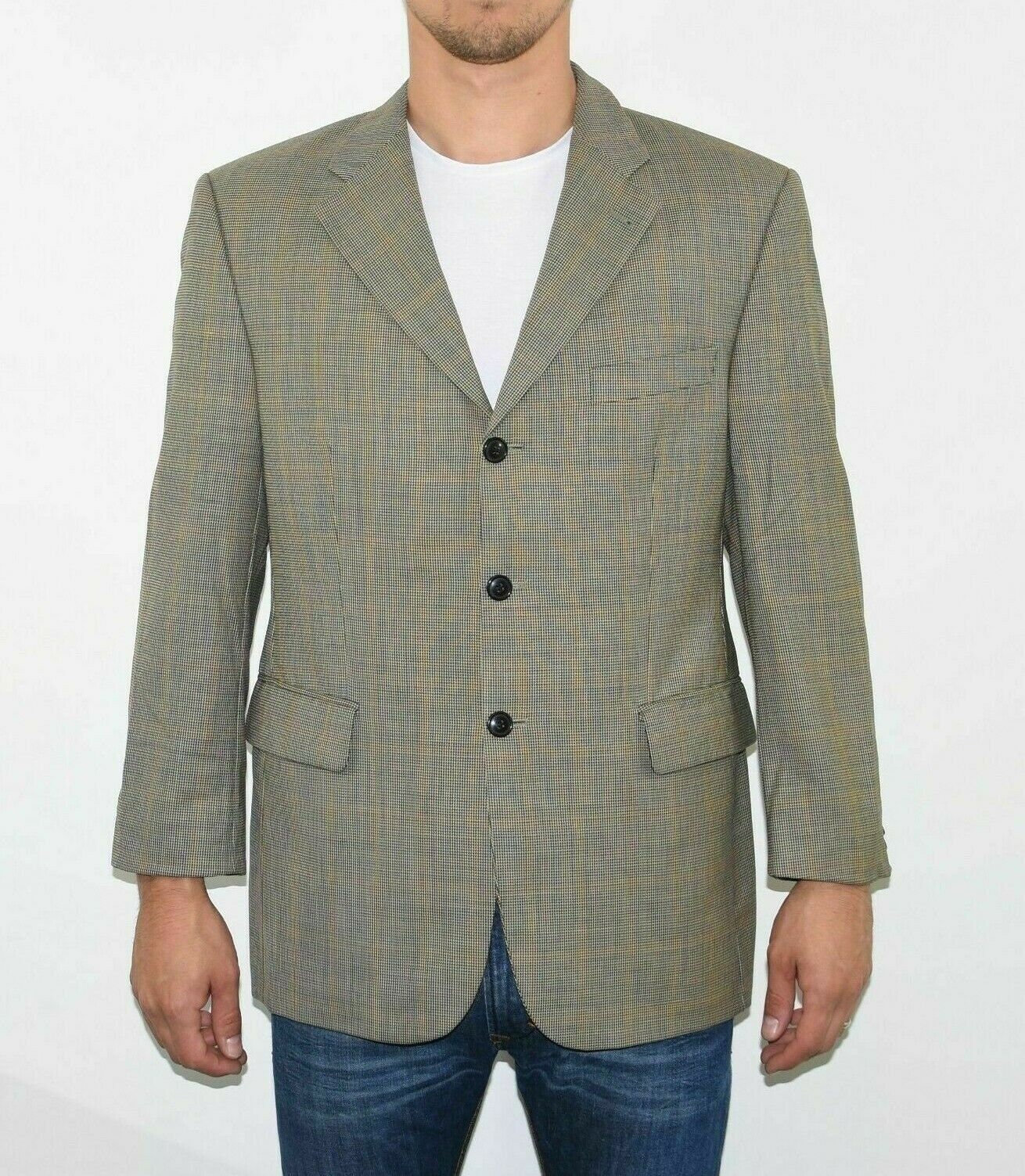 Image of Men's Vintage Baumler Hans.h Beige Check Wool Blazer Suit Jacket M L Pit To 22.5In 57cm
