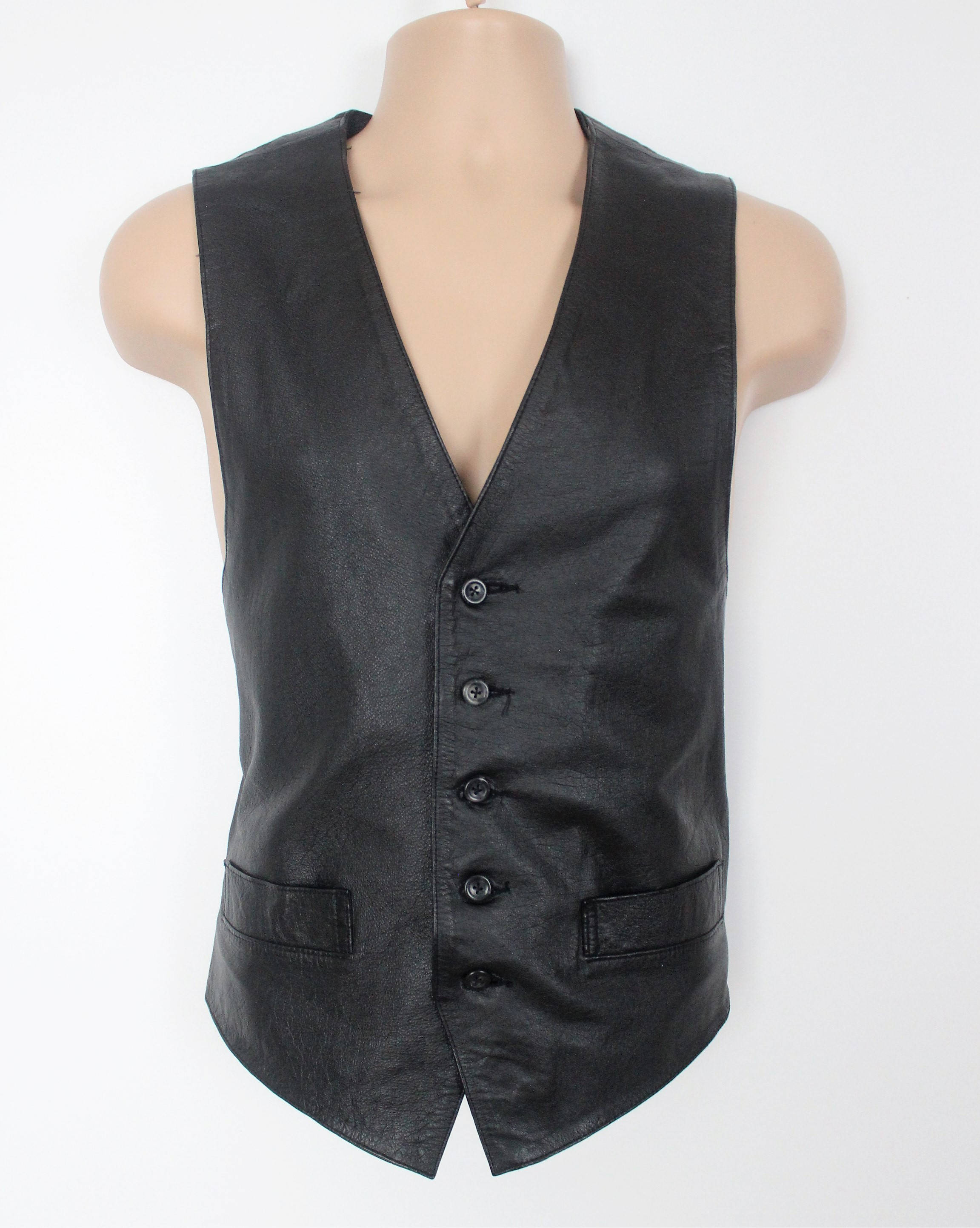 Image of Men's Vintage Black 100% Leather Waistcoat Vest Size L Pit To 20In 51cm