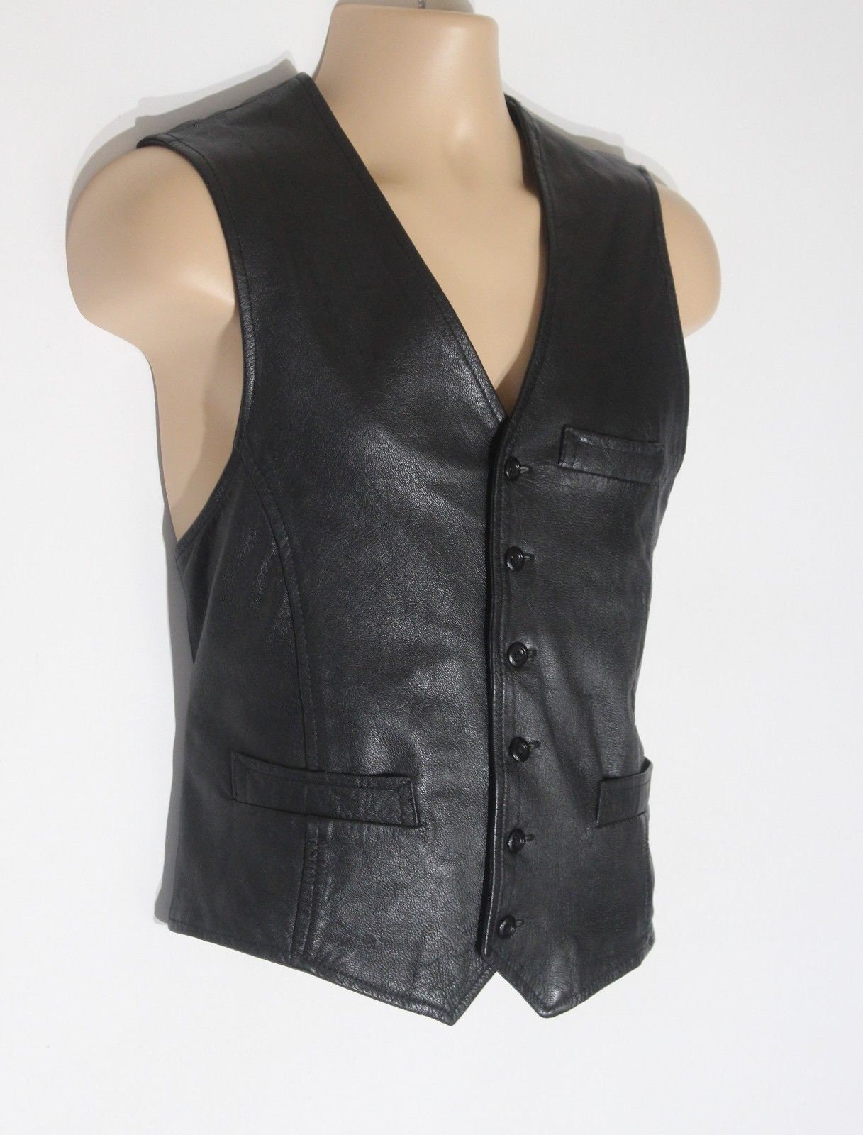 Men's Vintage Black 100% Leather Waistcoat Vest Size M Pit | Etsy