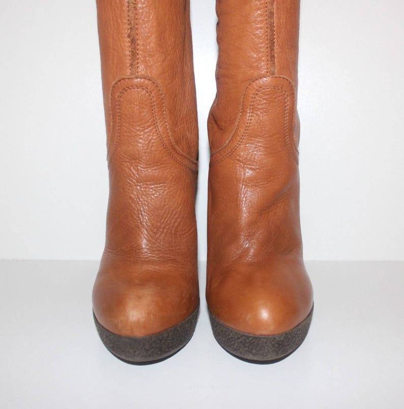 Women/'s Vintage MISS SXTY Tan Real Leather Pull On Platform Boots Size UK2 EU35