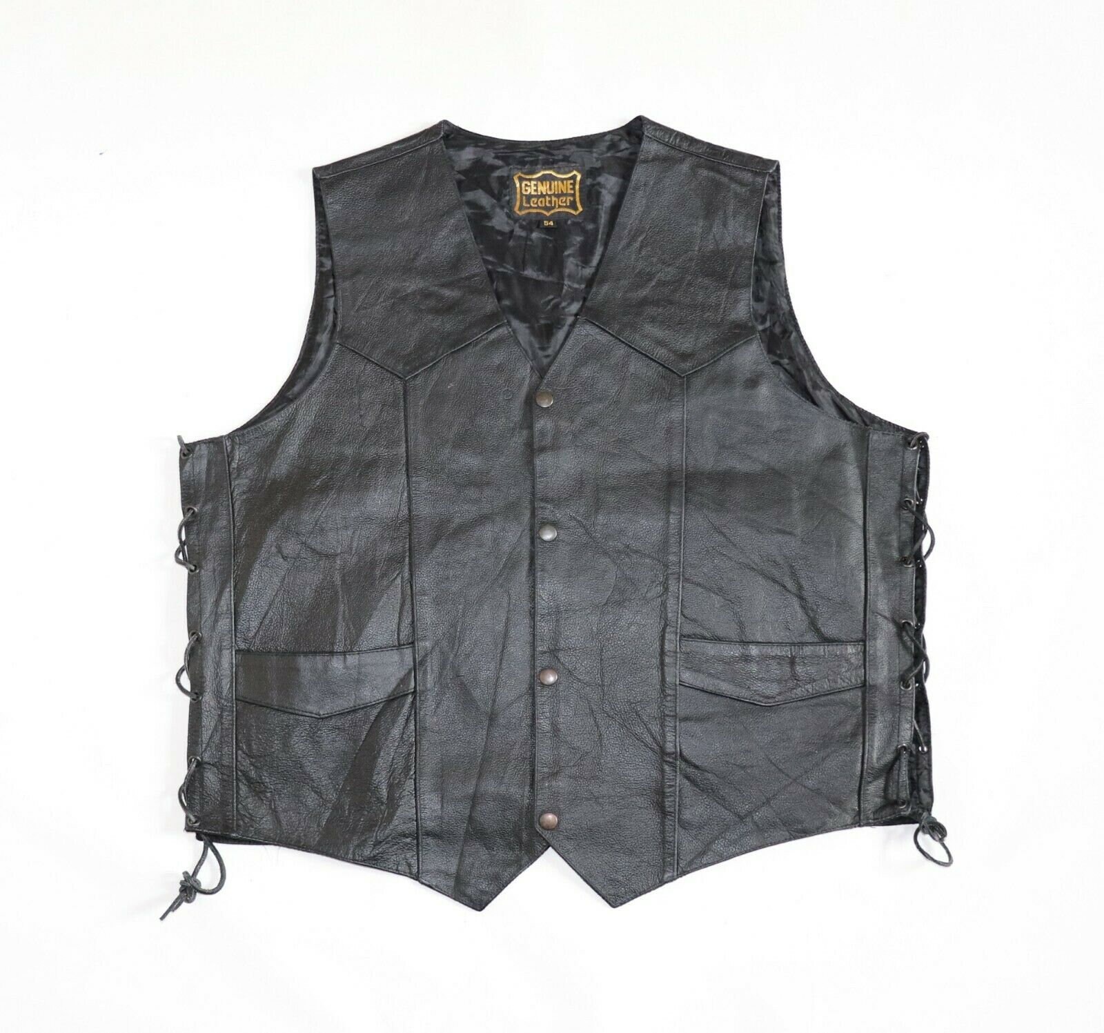 Image of Men's Vintage Lace Up Black 100% Leather Waistcoat Vest 2xl/ Pit To 26.5In 67 cm