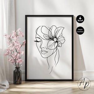 Póster abstracto mural mujer flor arte lineal dibujo blanco y negro arte de pared sala de estar imagen descarga digital minimalista neutro moderno
