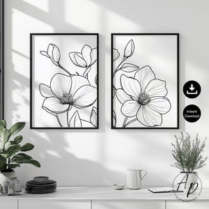 Poster Wandbild Blumen Magnolie Abstrakt Line Art 2er Set Schwarz Weiß Wandkunst Küche Bild Digitaler Download Minimalistisch neutral modern