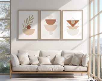 Set van 3 abstracte wandkunstwerken - moderne geometrische vormen - boho-posters voor woonkamer en slaapkamer - beige en bruine wanddecoratie