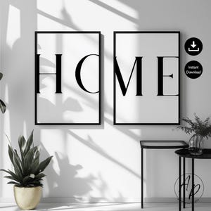 Poster Bild Spruch HOME 2er Set Digital Download Schwarz Weiß Wohnzimmer Modern Wandkunst Deko Wandbild Eingang Minimalist neutral printable