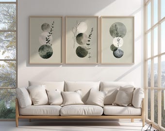Ensemble de 3 affiches | Art mural botanique abstrait | Art minimaliste moderne vert | Décoration murale bohème scandinave | Salon/Chambre