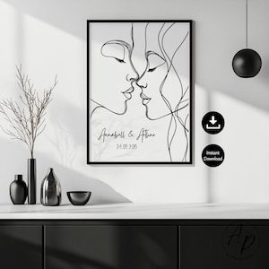 Personalizable Poster Couples Names & Year Love Wedding Anniversary Engagement Valentine&#39;s Day Picture Line Art Wall Decoration Art Digital Download