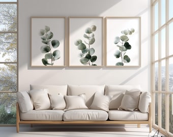 Ensemble de 3 affiches d'eucalyptus | Décoration murale botanique verte | Affiches minimalistes nature | Décoration murale scandinave | Salon/Chambre