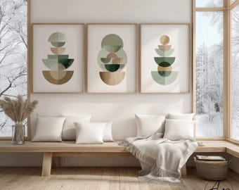Set van 3 abstracte wandkunstprints - moderne geometrische vormen - boho-posters voor woonkamer en slaapkamer - wanddecoratie in beige | groen