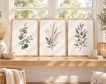 Juego de 3 pósteres botánicos minimalistas | Arte mural abstracto en tonos beige y verde | Elegante arte mural escandinavo | Decoración moderna para sala de estar