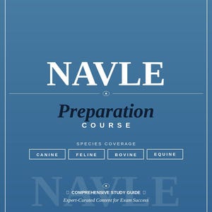 May include: A blue educational document titled THE NAVLE Preparation COURSE. It lists species coverage for CANINE, FELINE, BOVINE, and EQUINE. The text includes COMPREHENSIVE STUDY GUIDE, Expert-Curated Content for Exam Success, and VETERINARY LICENSING EXAMINATION NORTH AMERICA.