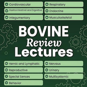 May include: A dark green educational poster titled BOVINE Review Lectures for the NAVLE Veterinary Licensing Examination. It lists thirteen body systems including Cardiovascular, Respiratory, Digestive, Endocrine, and others in light green boxes.
