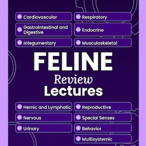 May include: A purple educational poster titled Feline Review Lectures for the NAVLE Veterinary Licensing Examination. It lists thirteen body systems including Cardiovascular, Respiratory, Gastrointestinal, Endocrine, and others in numbered boxes.