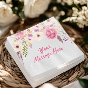Personalized Floral Napkins, Custom Wedding Cocktail Napkins, Bridal Shower Guest Towels, Custom Party Beverage Napkins, Monogram Napkins