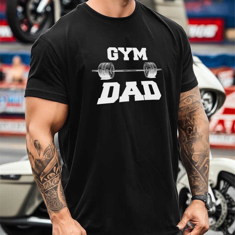 Black, Gym Dad Barbell Design Shirt, For Strong Dads and Gym Bros Who Lift, Ideal Gift for Father's Day, Birthdays, or Gym Celebrations