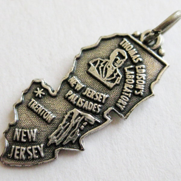 Vintage 50s Sterling Silver New Jersey State Souvenir Map Bracelet Charm