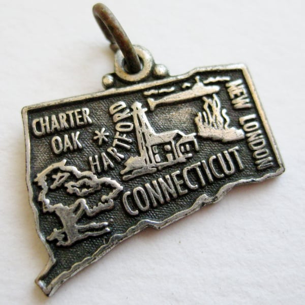 Vintage 50s Sterling Silver Connecticut State Souvenir Map Bracelet Charm