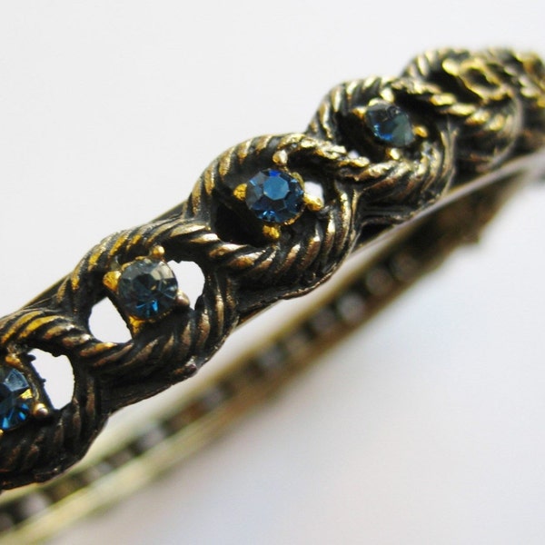 Vintage 50s Florenza Style Blue Jeweled Rhinestone Gold HInged Bangle Bracelet