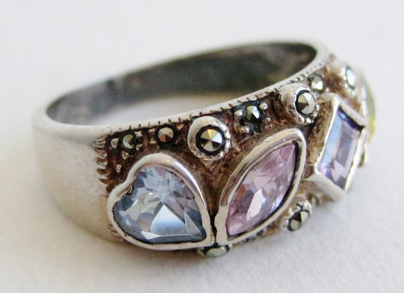 Vintage Ring Sterling Silver Jeweled Marcasite He… - image 1