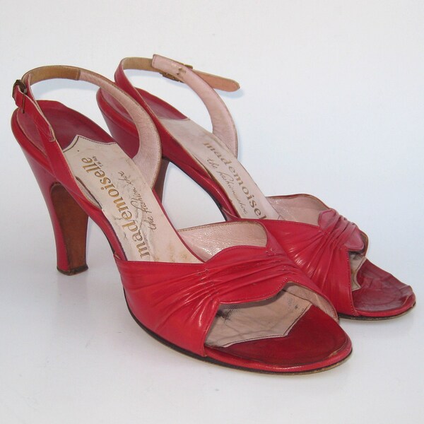 Reserved - Vintage 40s 50s Cherry Red Leather Peep Toe High Heel Sling Back Pin Up Girl High Heels 7