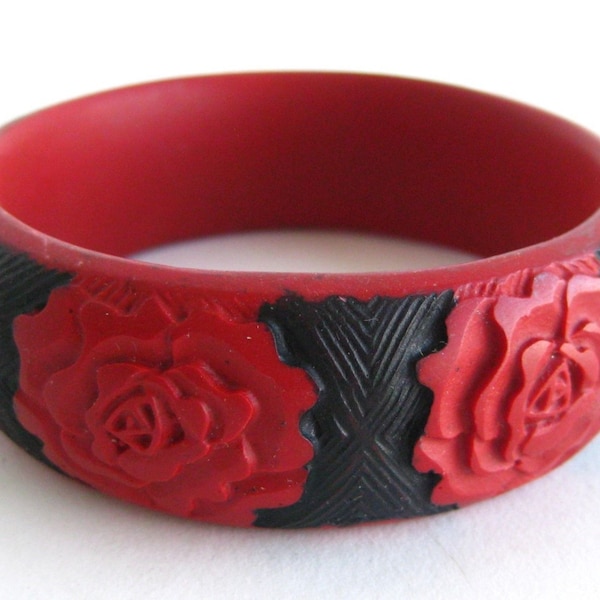 Vintage Chinese Faux Cinnabar Red Rose Bangle Bracelet