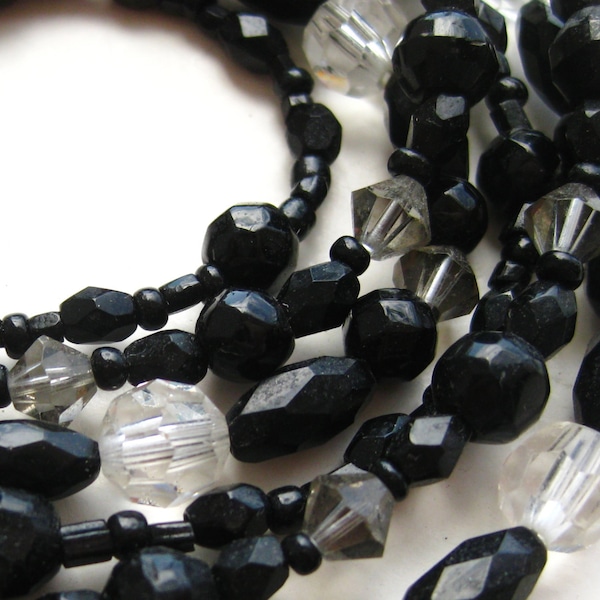 Vintage Faceted Black Glass & Crystal Beaded Triple Strand Sterling Silver Necklace