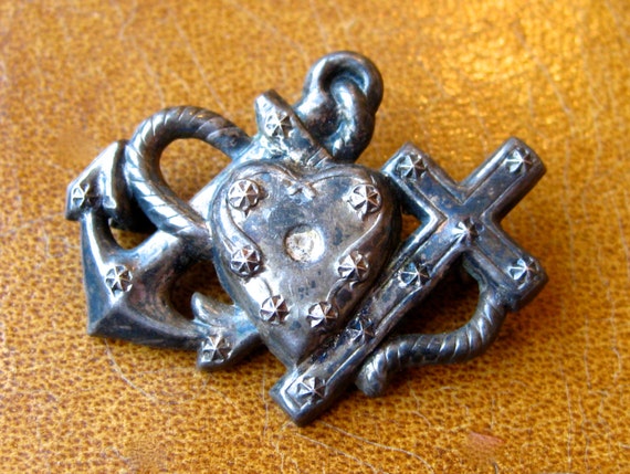 Vintage 30s 40s Sterling Silver Anchor Heart Cros… - image 3