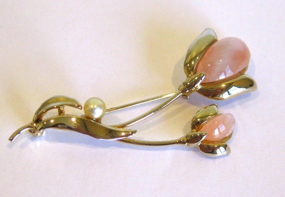 Vintage 50s 60s Gold Pink Art Glass & Pearl Flora… - image 2