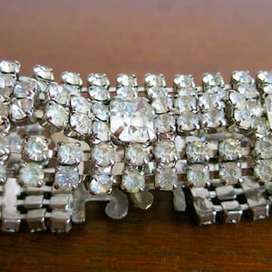 Vintage 50s 60s Silver Tone Metal & Rhinestone Link Bracelet image 1