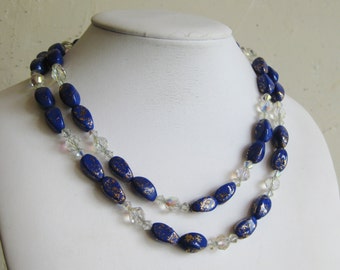 Vintage 50s Designer HOBE Double Strand Blue Art Glass Aurora Borealis Necklace