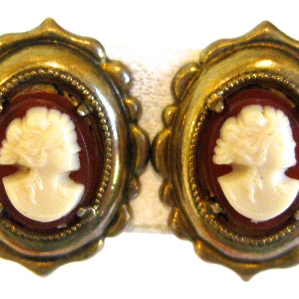 Vintage Hand Carved Shell Cameo Gold Vermeil Screw Back Earrings