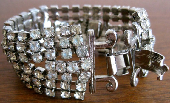 Vintage 50s 60s Silver Tone Metal & Rhinestone Li… - image 3