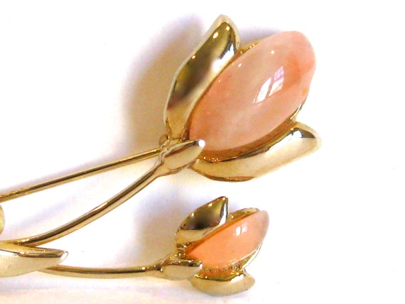 Vintage 50s 60s Gold Pink Art Glass & Pearl Flora… - image 4