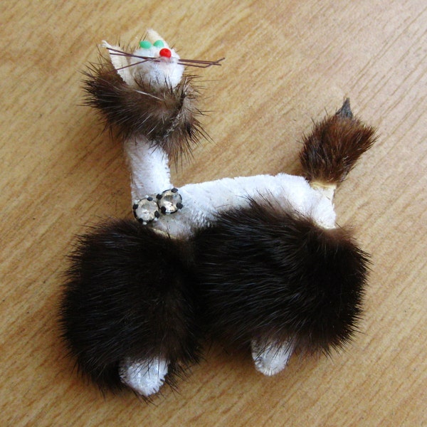 Vintage 50s Genuine Mink Fur Novelty Kitty Cat Brooch Pin