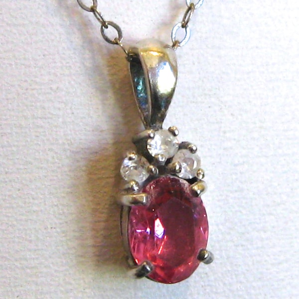 Vintage Sterling Silver Jeweled Pink Glass & Rhinestone Necklace Pendant