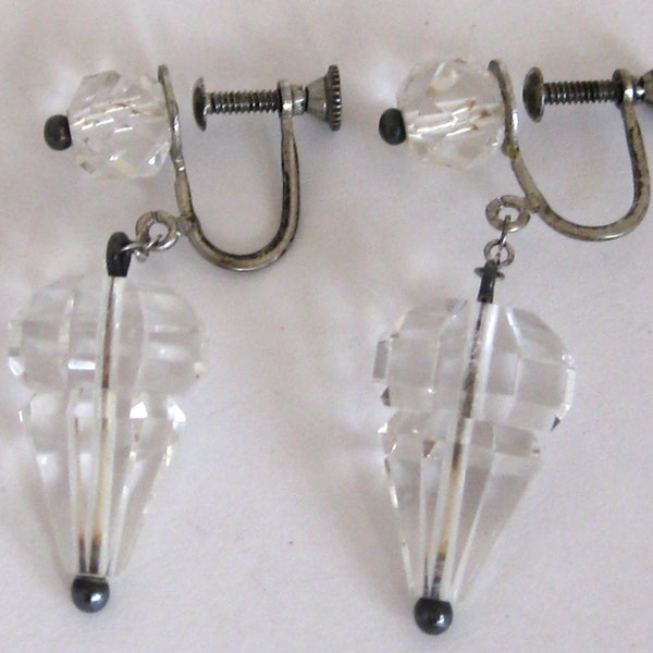 Vintage Sterling Silver Cut Clear Glass Crystal Screw Back Glam Dangle Earrings