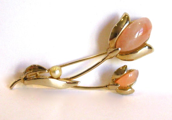 Vintage 50s 60s Gold Pink Art Glass & Pearl Flora… - image 1