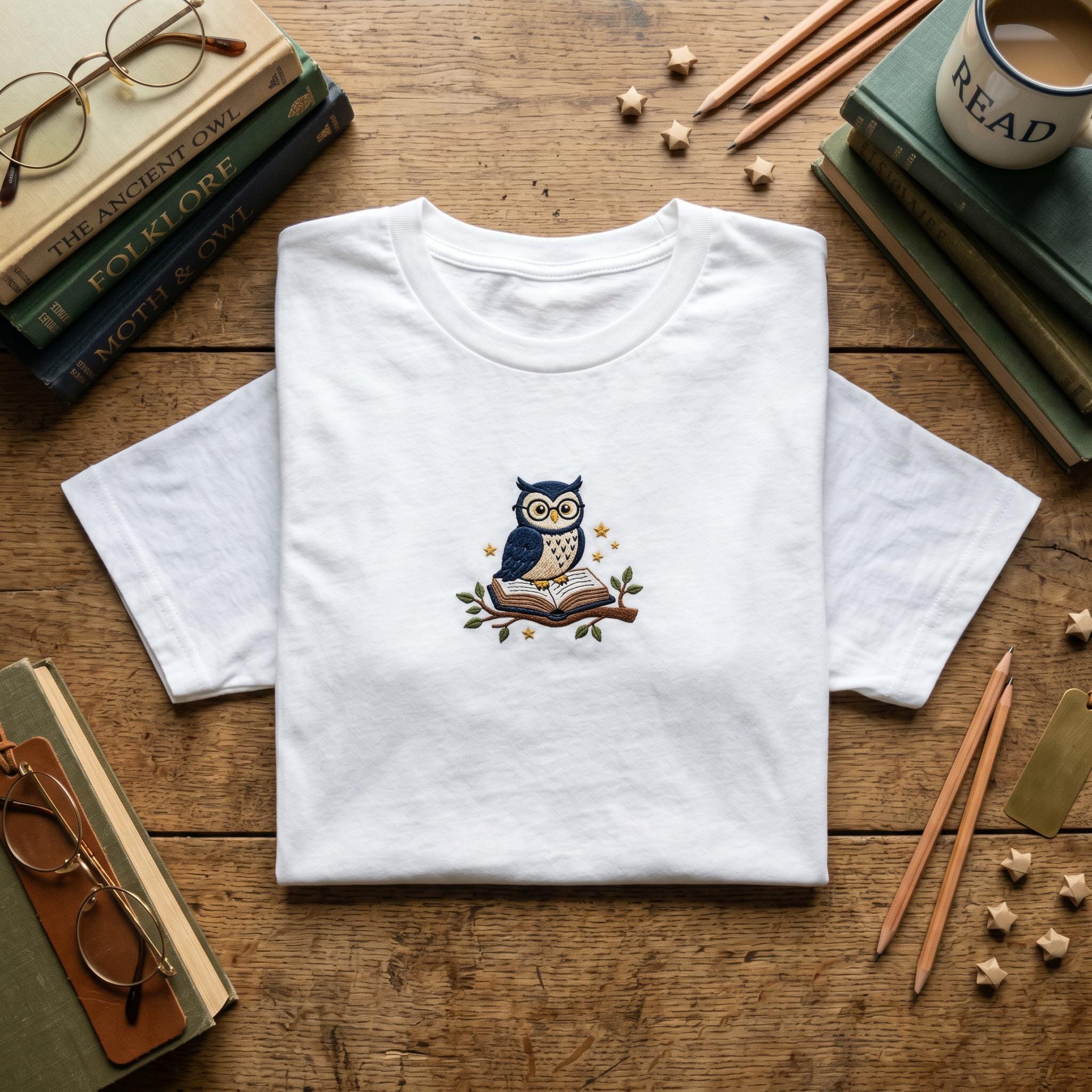 Embroidered Owl T-Shirt, Smart Owl Reading Book Tee, Cute Academic Bird Shirt, Library Teacher Gift,