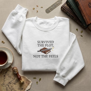 Survived The Plot Not The Feels Embroidered Sweatshirt, Fantasy Reader Gift, Bookish Hoodie, Emotional Support Crewneck, Sword and Book