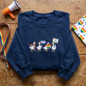 Embroidered Trans And Rainbow Pride Duck Sweatshirt, Pride Is Protest Hoodie, Cute LGBTQ Activist Crewneck, Queer Pride Parade Pullover