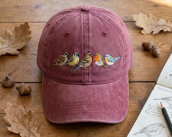 Embroidered Bird Watcher Dad Hat, Row of Five Birds Cap, Ornithology Gift, Nature Lover Baseball Cap, Backyard Birding Hat