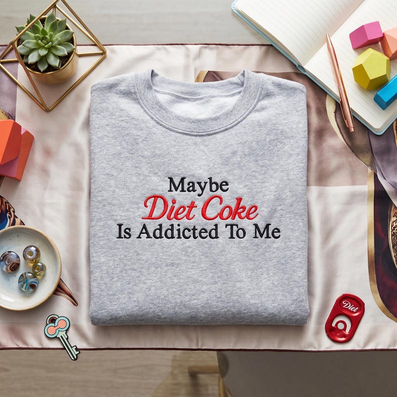 May include: A gray sweatshirt with the embroidered phrase "Maybe Diet Coke Is Addicted To Me" in red and black. The sweatshirt is folded neatly on a patterned surface, with a Diet Coke can-shaped pin nearby.