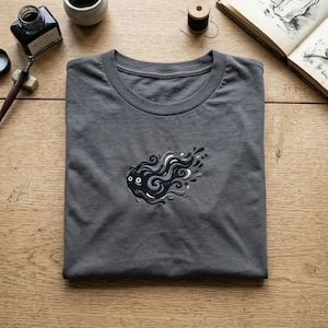 Embroidered Dark Flame Spirit Shirt, Mystical Smoke Creature Tee, Grumpy Shadow Monster Top, Spooky Whimsical Ghost Spirit