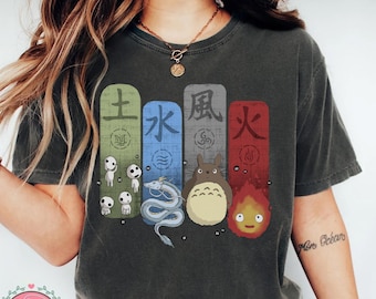 Camiseta, moletom e blusa de moletom com capuz com personagens vintage do Studio Ghibli. Camiseta do Studio Ghibli com Kodama, Haku, Totoro e Calcifer. Camiseta Y2K.