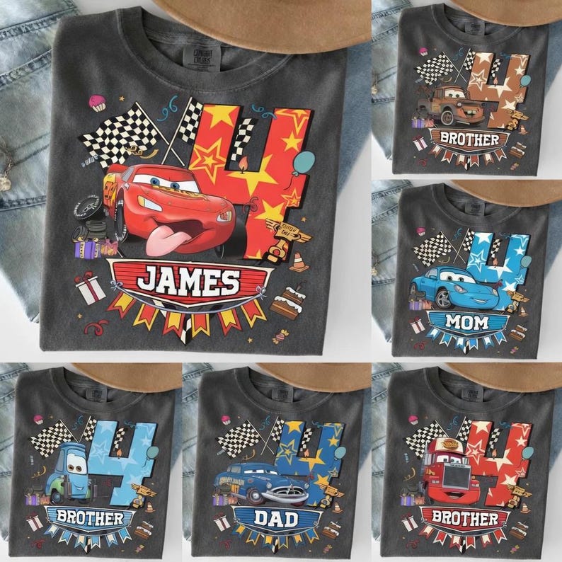 Personlig Bilar födelsedagsskjorta i komfortfärger, personlig Disney McQueen Tow Mater grafisk t-shirt, Disneyland familjematchande semesterresorstoppar bild 2